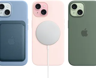 iPhone 15 showing iPhone 15 Silicon Case with MagSafe, FineWoven Wallet with MagSafe, MagSafe Charger, MagSafe Battery Pack.