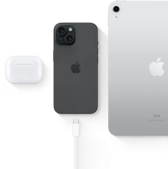 iPhone 15 with USB-C connector showing same connector can be used with AirPods Pro and iPad