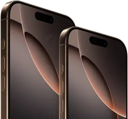 6.9-inch iPhone 16 Pro Max and 6.3-inch iPhone 16 Pro, front exterior, Action button, volume buttons, Dynamic Island centered near top