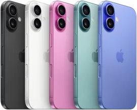 iPhone 16, back exterior, raised Advanced dual-camera system, Apple logo in centre, all five finishes, Black, White, Teal, Pink, Ultramarine