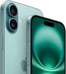 iPhone 16 Plus and iPhone 16, Action button, volume buttons, Side button, and Camera Control, front exterior all-screen design, Dynamic Island centred near top, back exterior, Teal finish, raised Advanced dual-camera system in top left corner, Apple logo in centre