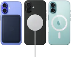 Three iPhone 16 devices, back exterior, with MagSafe accessories attached: iPhone FineWoven MagSafe Wallet, MagSafe Charger with Silicone Case and iPhone Clear MagSafe Case