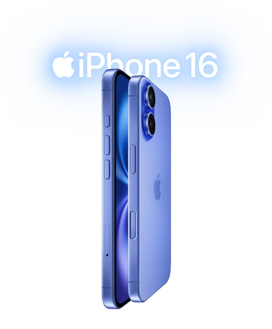 Two iPhone 16 devices, side exterior, stacked facing each other in Ultramarine finishes, volume buttons, Action button, Side button, Camera Control button, Apple logo in centre, raised Advanced dual-camera system